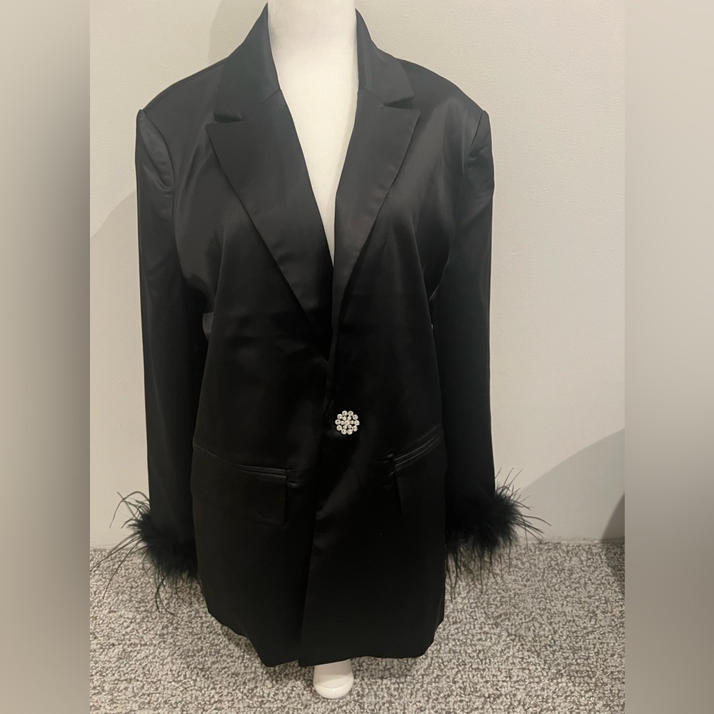 Black Satin Blazer with feather cuffs by Sincerely Jules. Size M.
